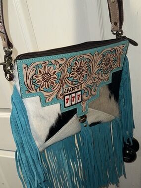 Turquoise Floral Tooled Fringe Crossbody Bag - Jackpot 777 Accent